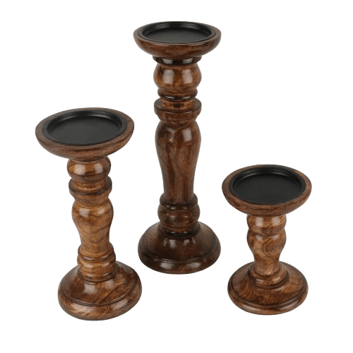 MANGO WOOD PILLAR CANDLE HOLDER SET OF 3 (POLISH)